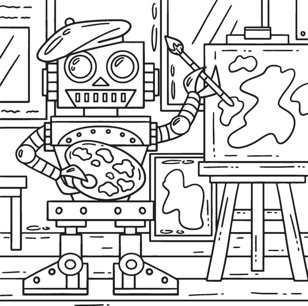 robô pintor coloração página para crianças vetor