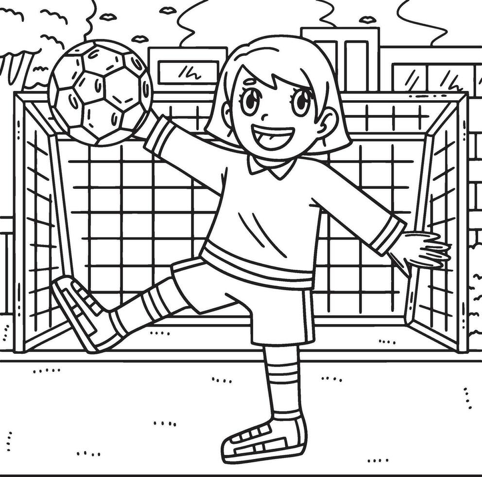 futebol menina objetivo guardador coloração página para crianças vetor