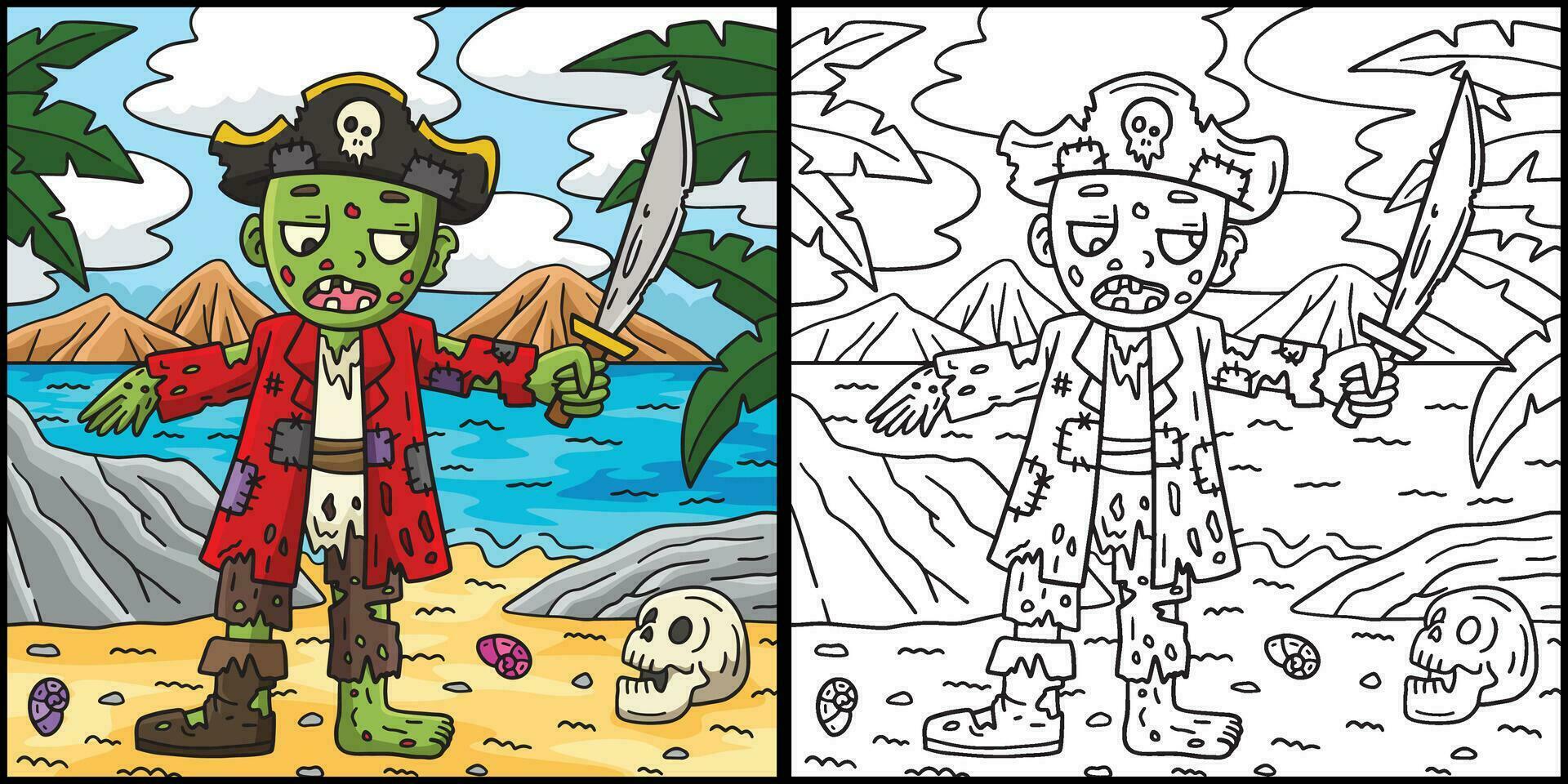 pirata zumbi coloração página colori ilustração vetor