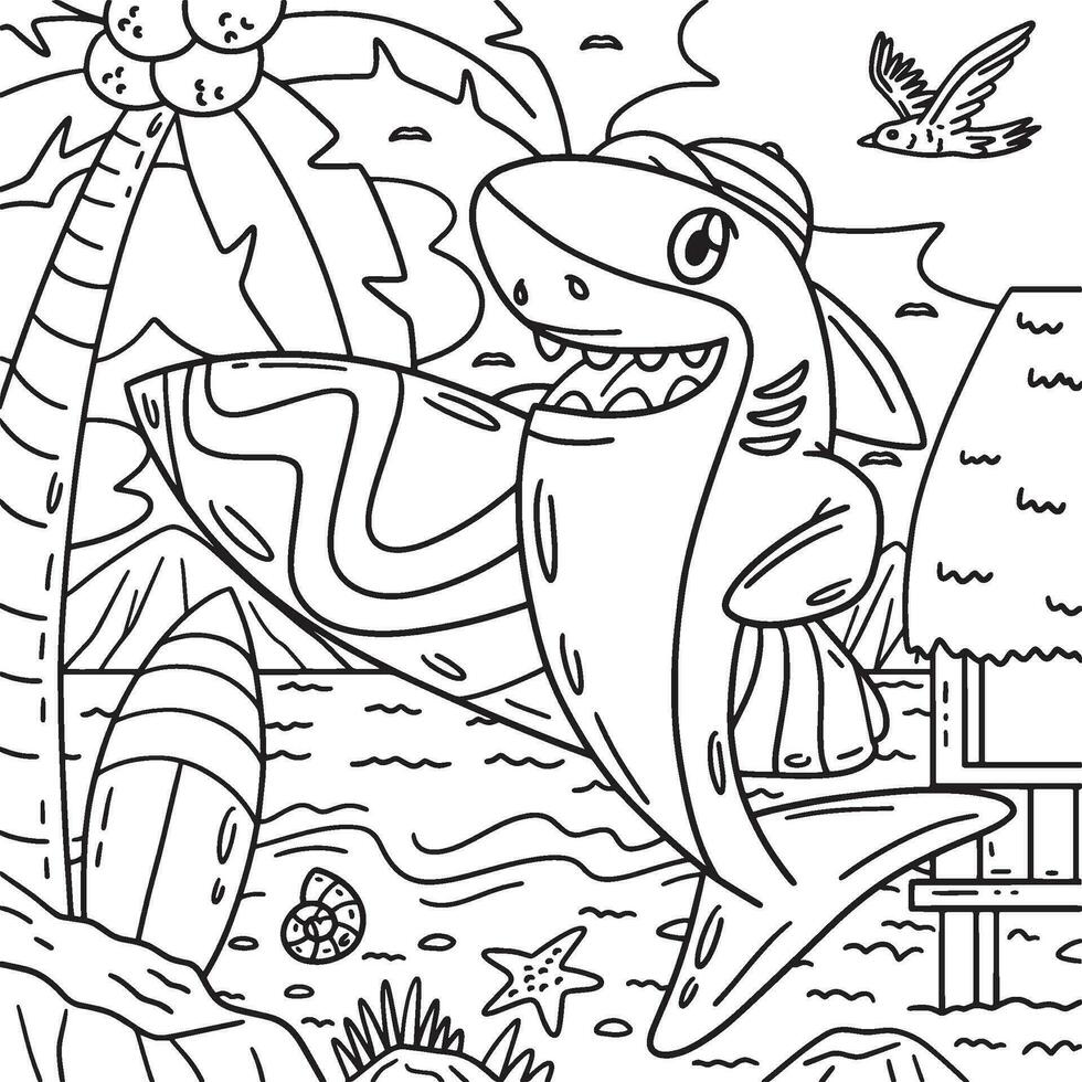 Tubarão com prancha de surfe coloração página para crianças vetor