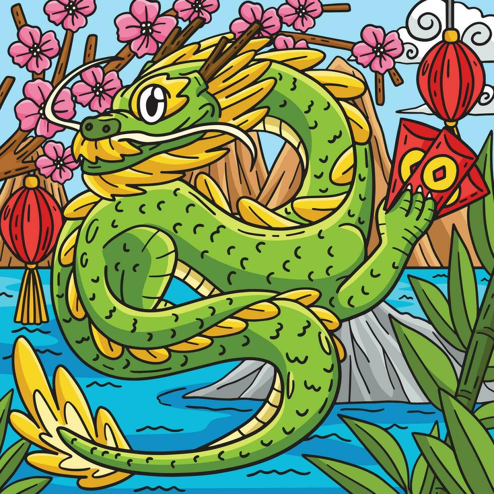 ano do a Dragão fortuna cartões colori desenho animado vetor