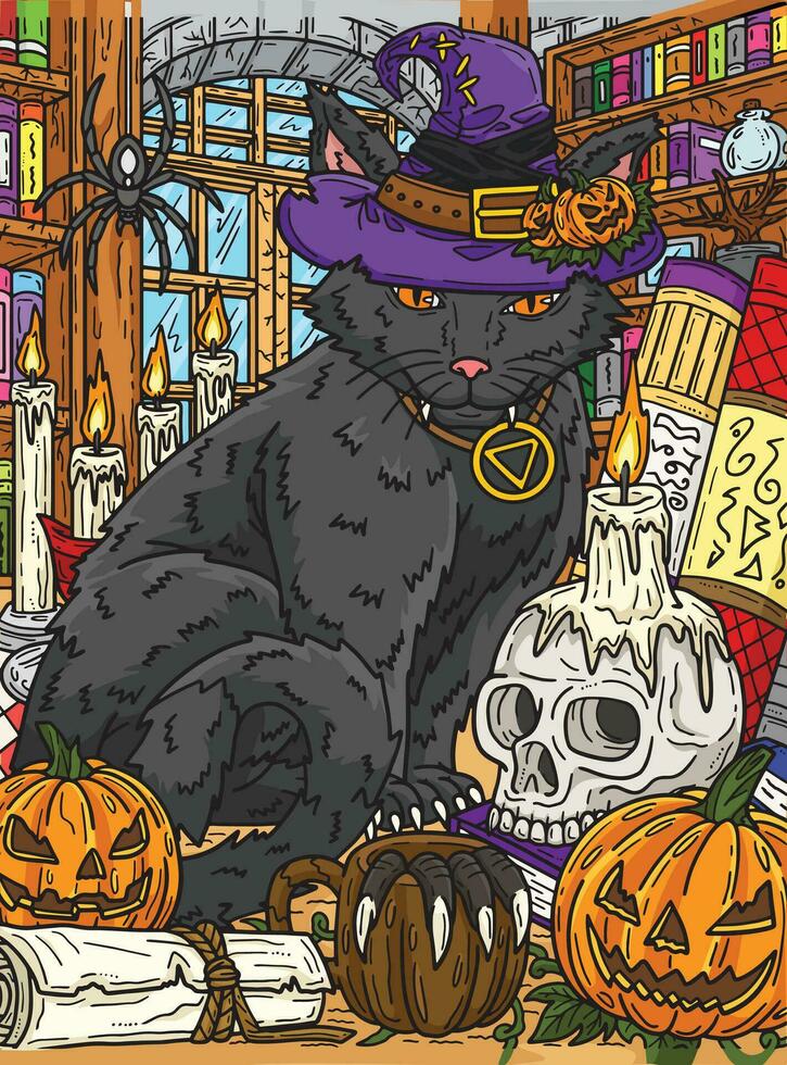 dia das Bruxas gato com uma chapéu colori desenho animado vetor