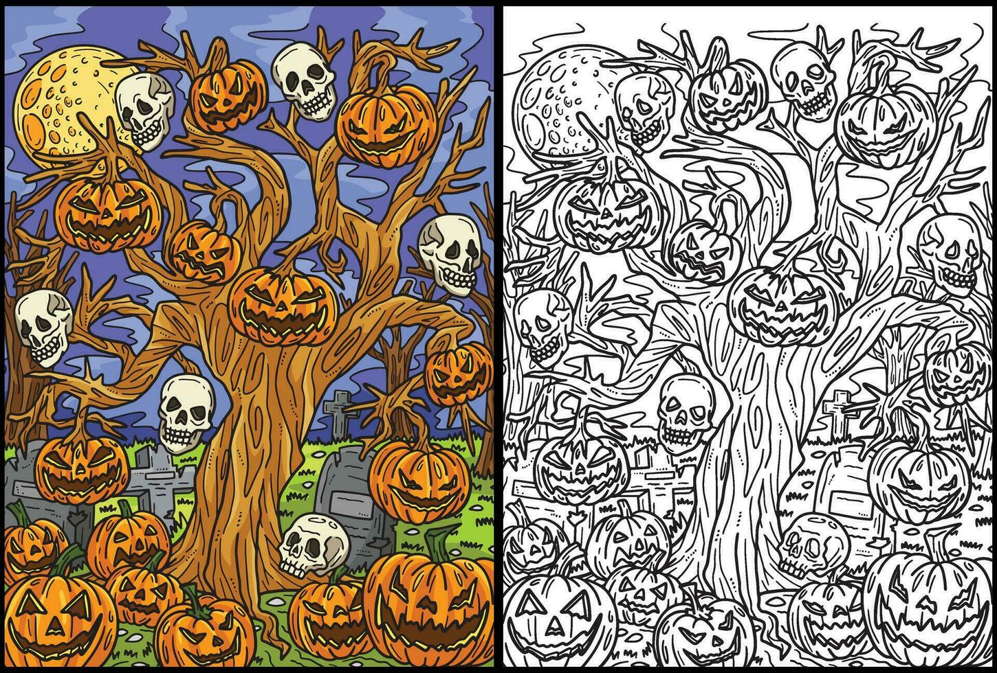 dia das Bruxas assombrada árvore coloração página ilustração vetor