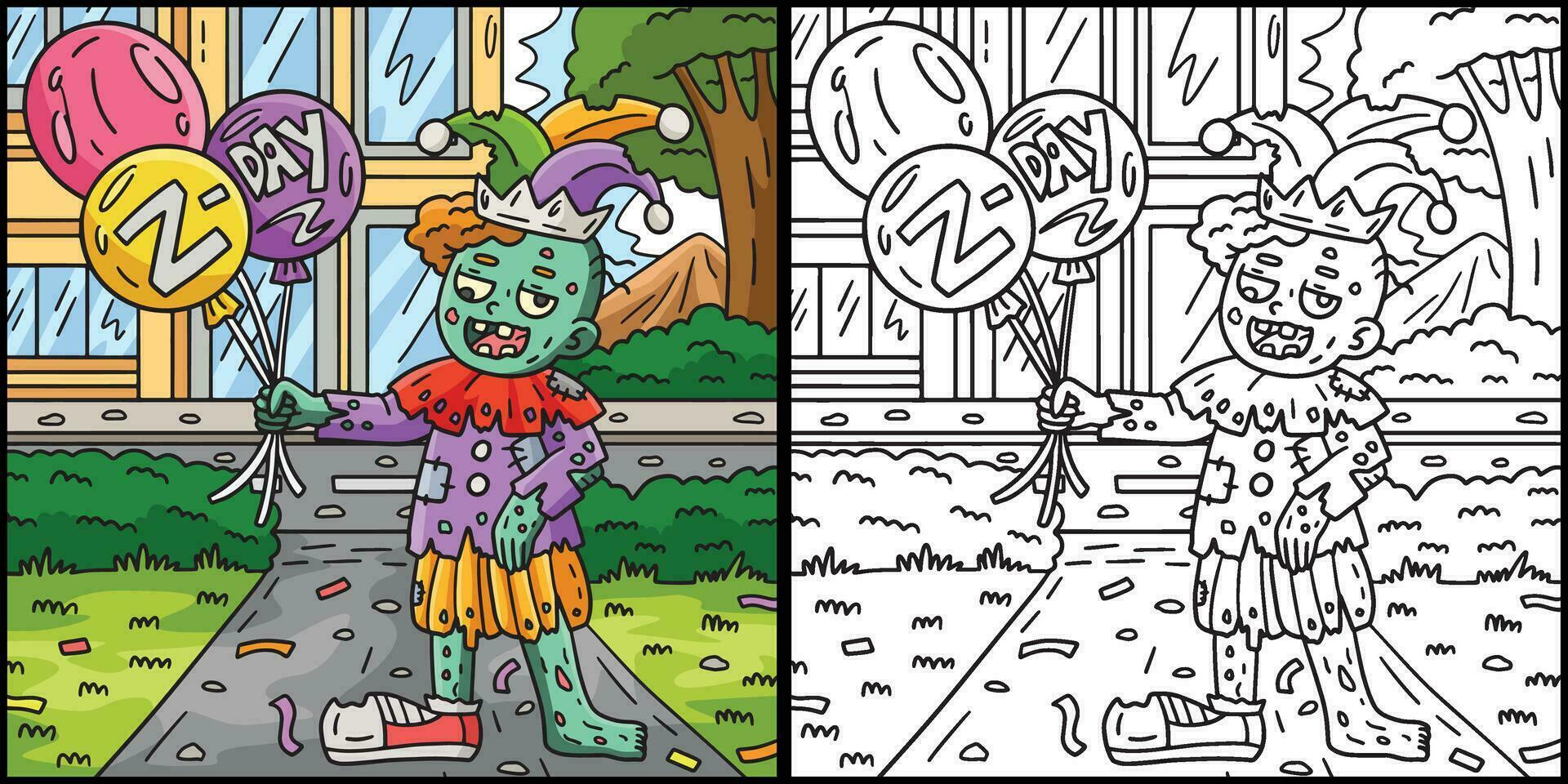 zumbi palhaço com balões coloração ilustração vetor