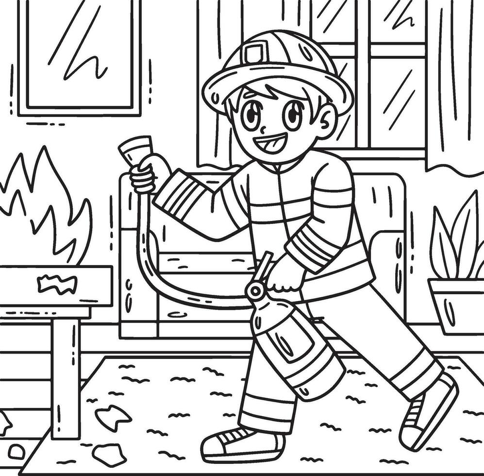 bombeiro com fogo extintor coloração página vetor