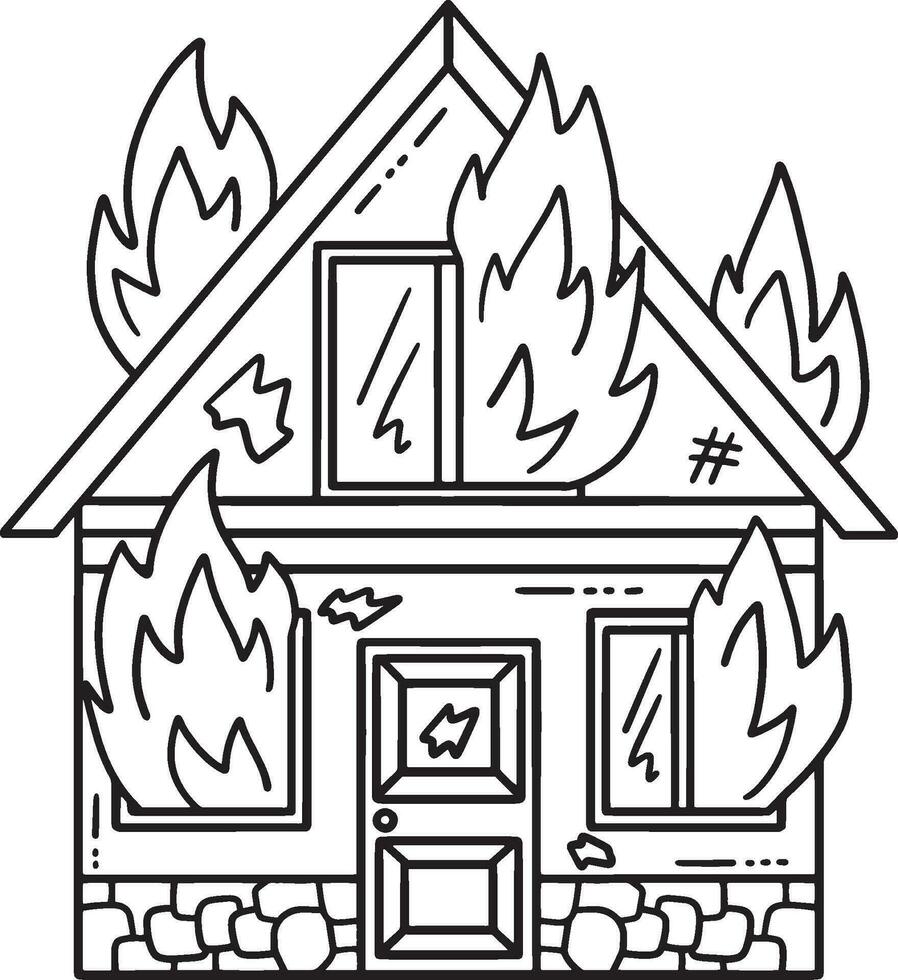 queimando casa isolado coloração página para crianças vetor