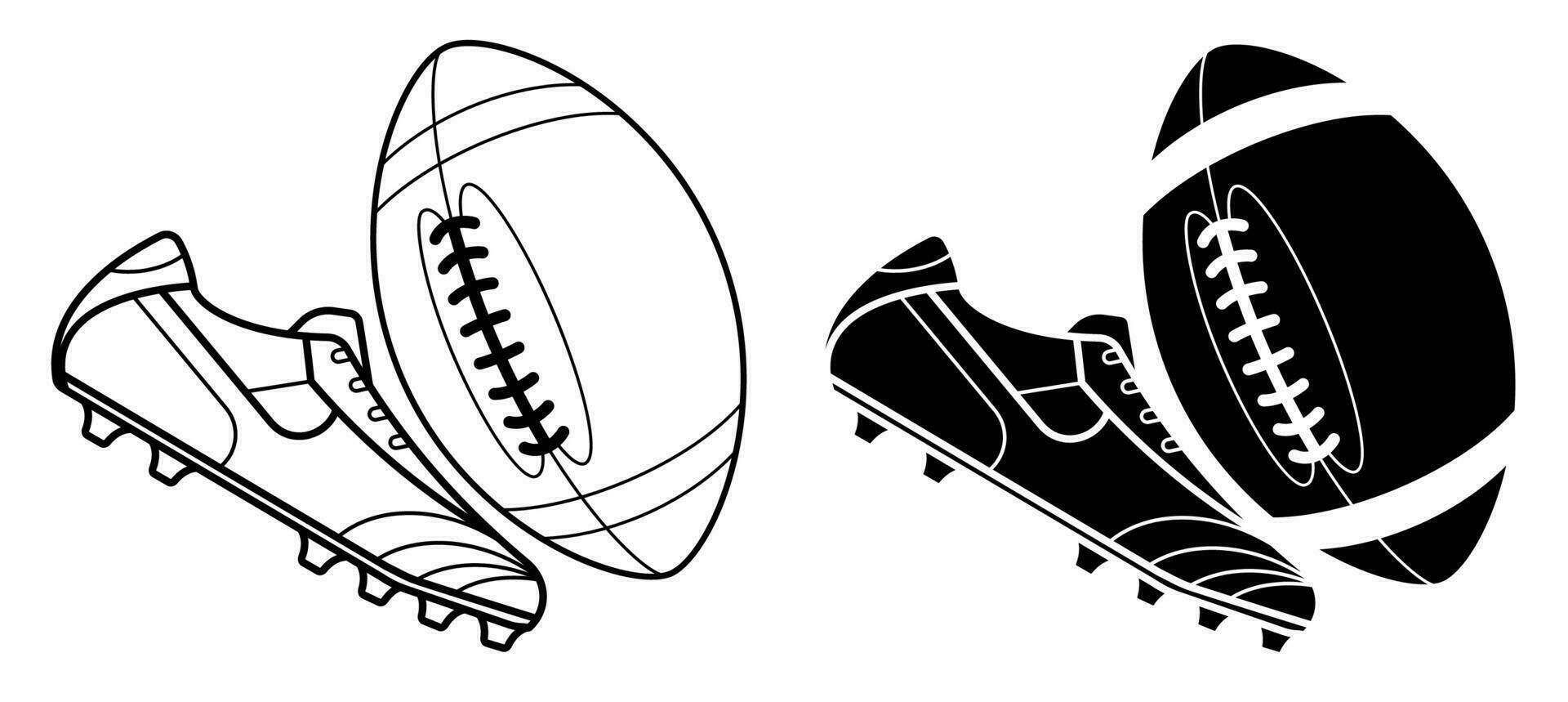 Preto e branco americano futebol bola e bota, cravado tênis. isolado vetor em branco fundo