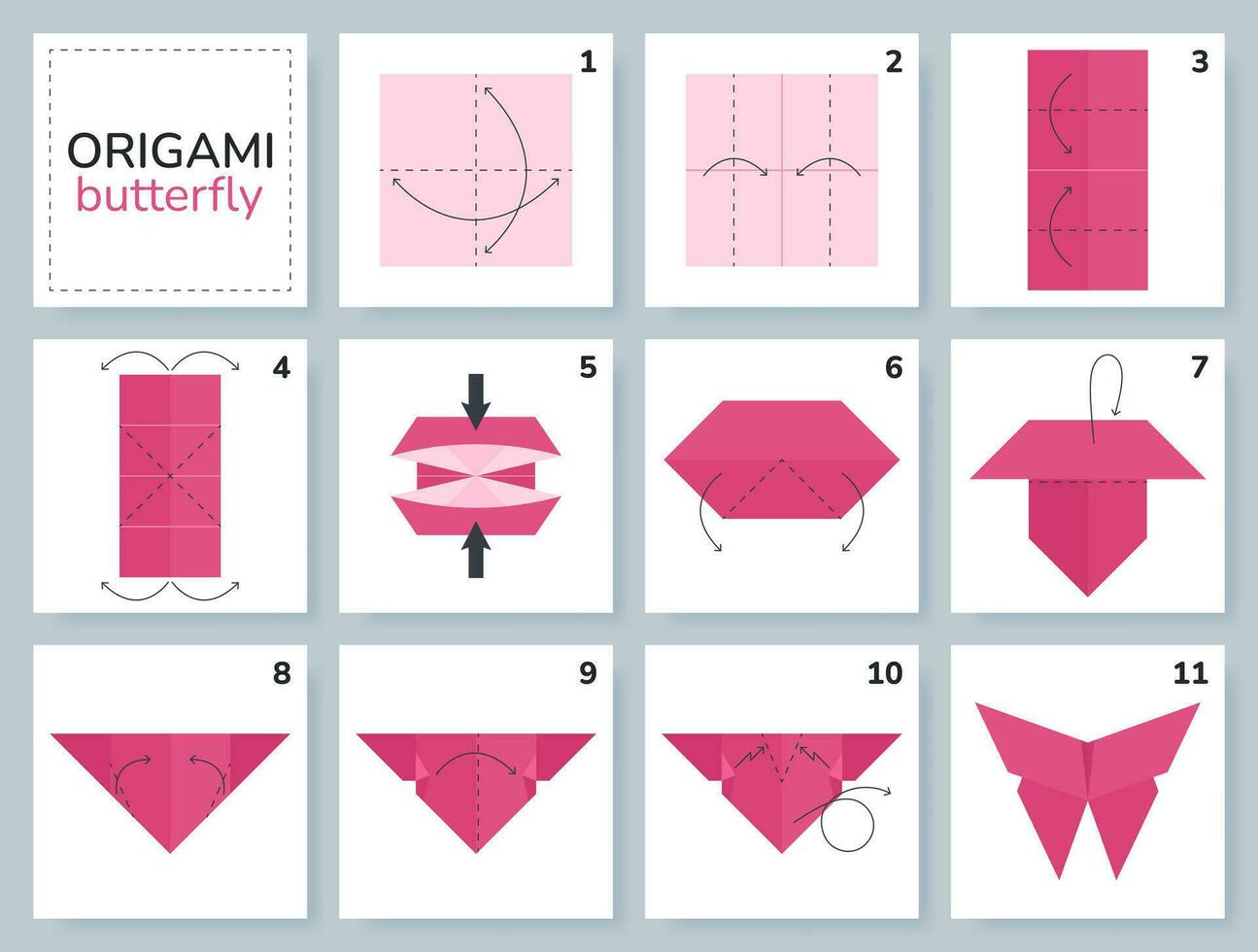 borboleta origami esquema tutorial comovente modelo. origami para crianças. degrau de degrau quão para faço uma fofa origami inseto. vetor ilustração.