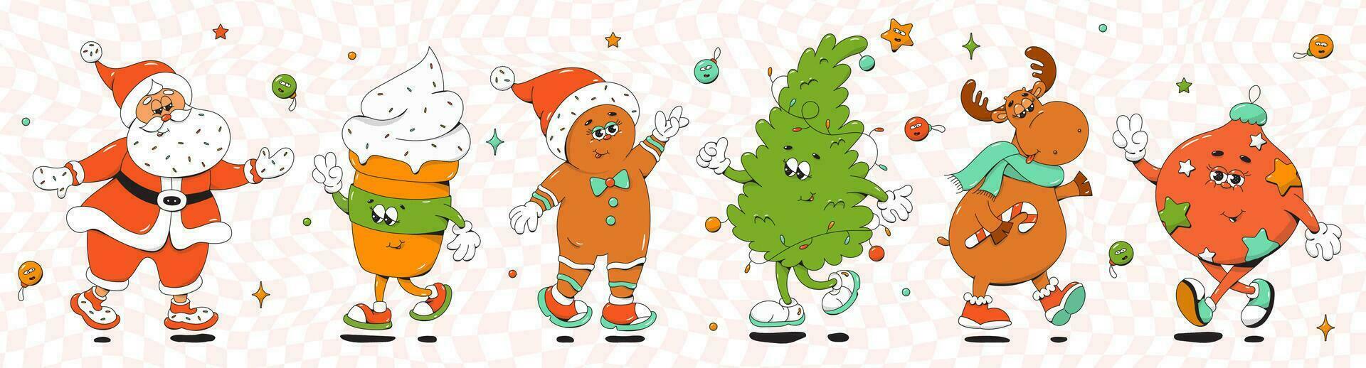 Natal groovy mascote personagens. santa Papai Noel, biscoitos, Natal árvore, veado e Novo anos bola. vetor