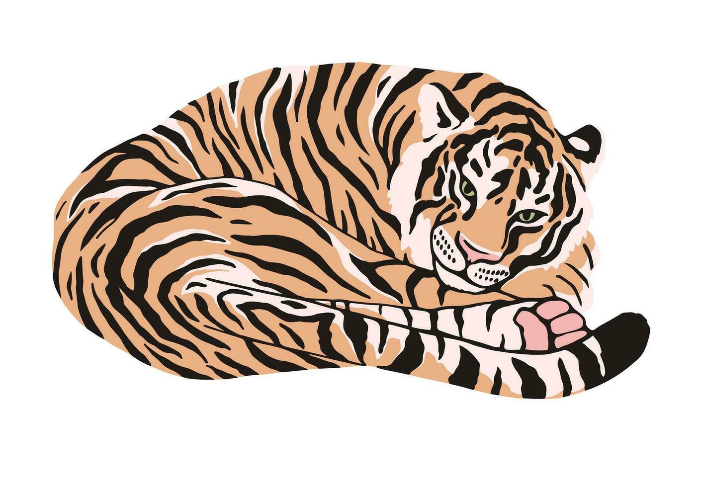 tigre mentiras enrolado acima. moderno plano ilustração isolado em branco fundo. símbolo do a ano. vetor