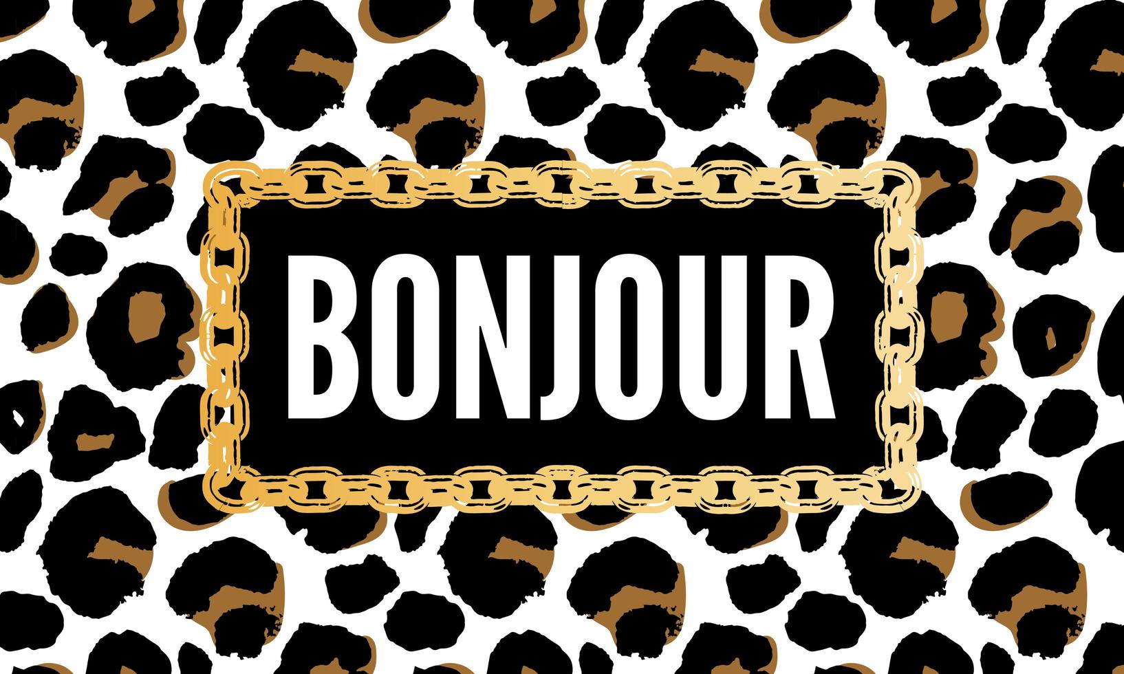 Texto de slogan decorativo bonjour olá com fundo de pele de leopardo vetor