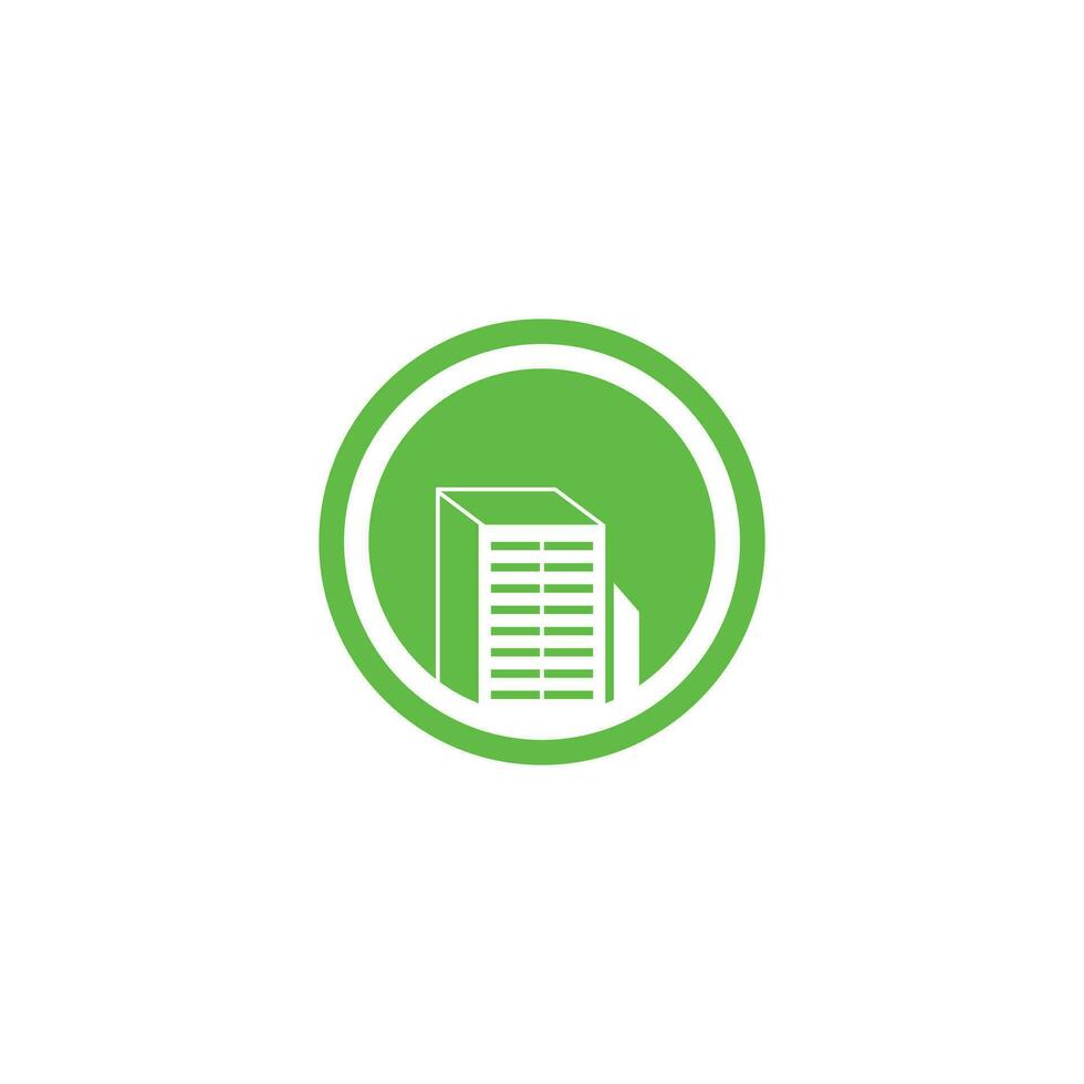 uma lustroso, minimalista logotipo ícone apresentando uma simplificado construção Projeto rodeado de uma vibrante verde fundo. perfeito para ecológico e relacionado à arquitetura projetos vetor
