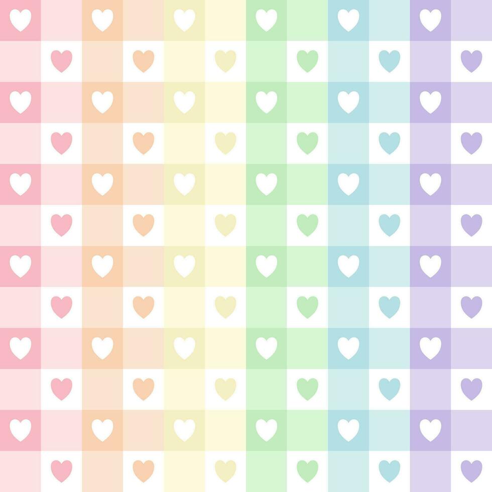 abstrato geométrico vetor padronizar com corações dentro arco Iris pastel cores, rosa, laranja, amarelo, verde, azul, roxo. desatado verão rede padronizar para presente papel, esteira, tecido, têxtil.
