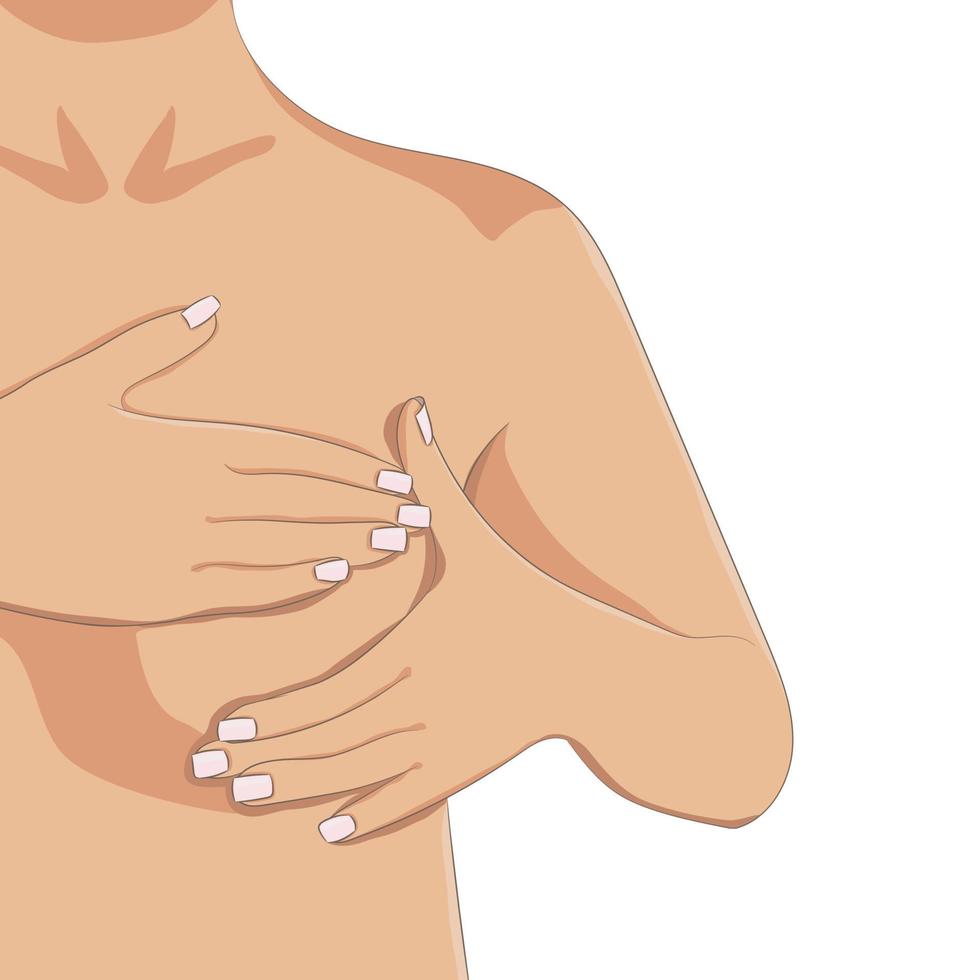 mãos realizando o autoexame mensal das mamas. peito feminino, parte de vetor
