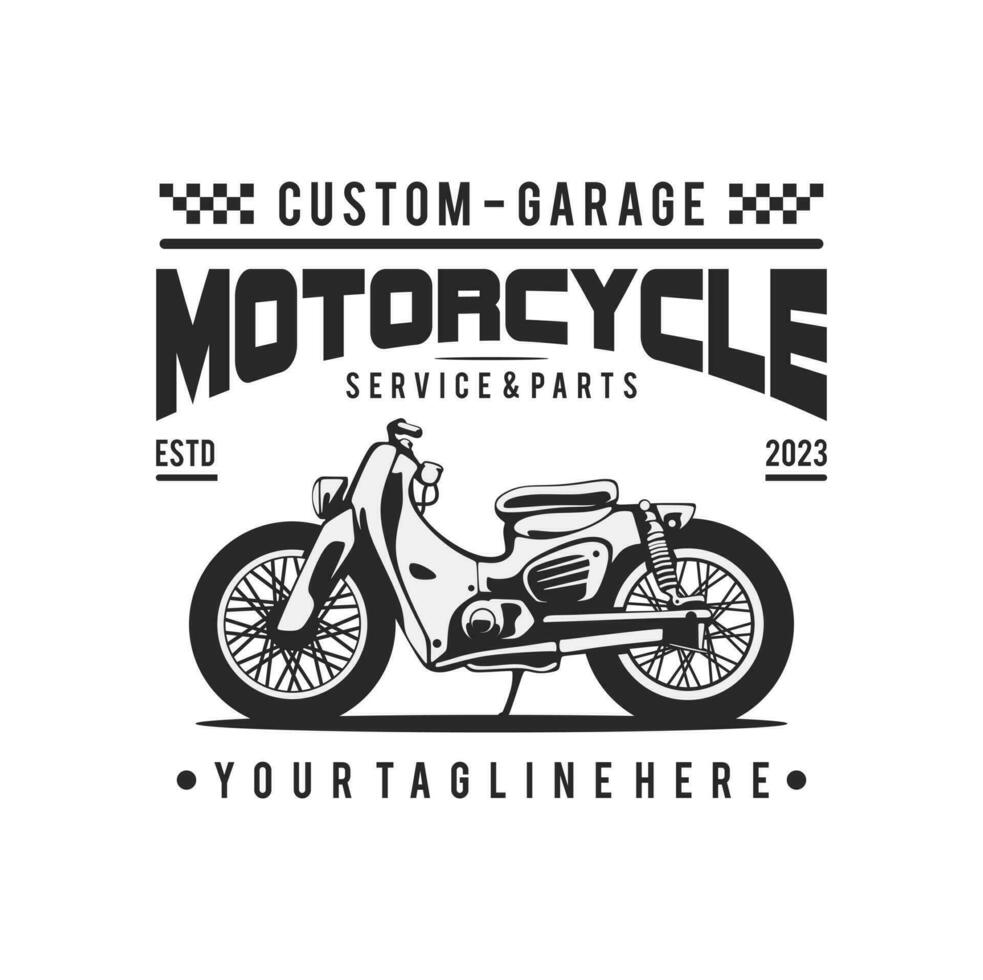 motocicleta personalizadas garagem ilustração, motocicleta serviço e peças. vintage personalizadas motocicleta emblemas, rótulos, Distintivos, logotipos, impressões, modelos. vetor