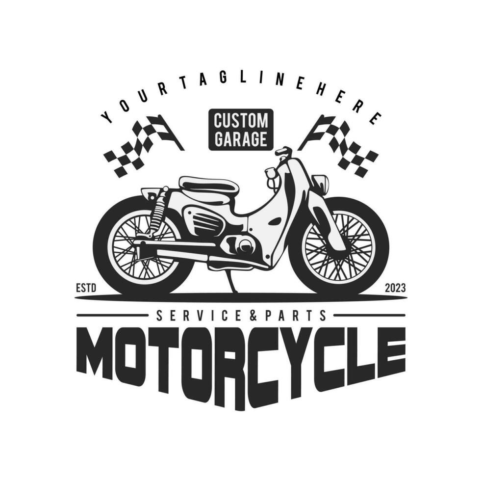 motocicleta personalizadas garagem ilustração, motocicleta serviço e peças. vintage personalizadas motocicleta emblemas, rótulos, Distintivos, logotipos, impressões, modelos. vetor