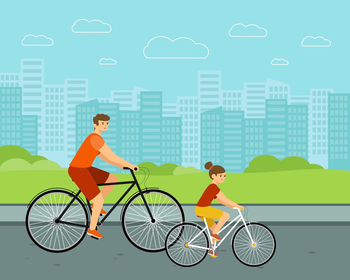 as pessoas andam de bicicleta pela cidade. mulher e homem em bicicletas. vetor