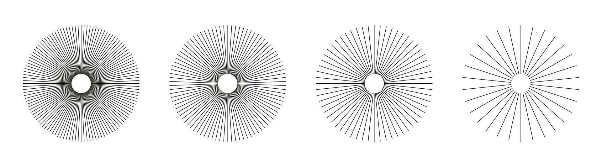 radial círculo linhas. circular linhas elementos. símbolo do Sol Estrela raios. plano Projeto elemento. abstrato ilusão geométrico forma. raios com irradiando listras. vetor gráfico ilustração.