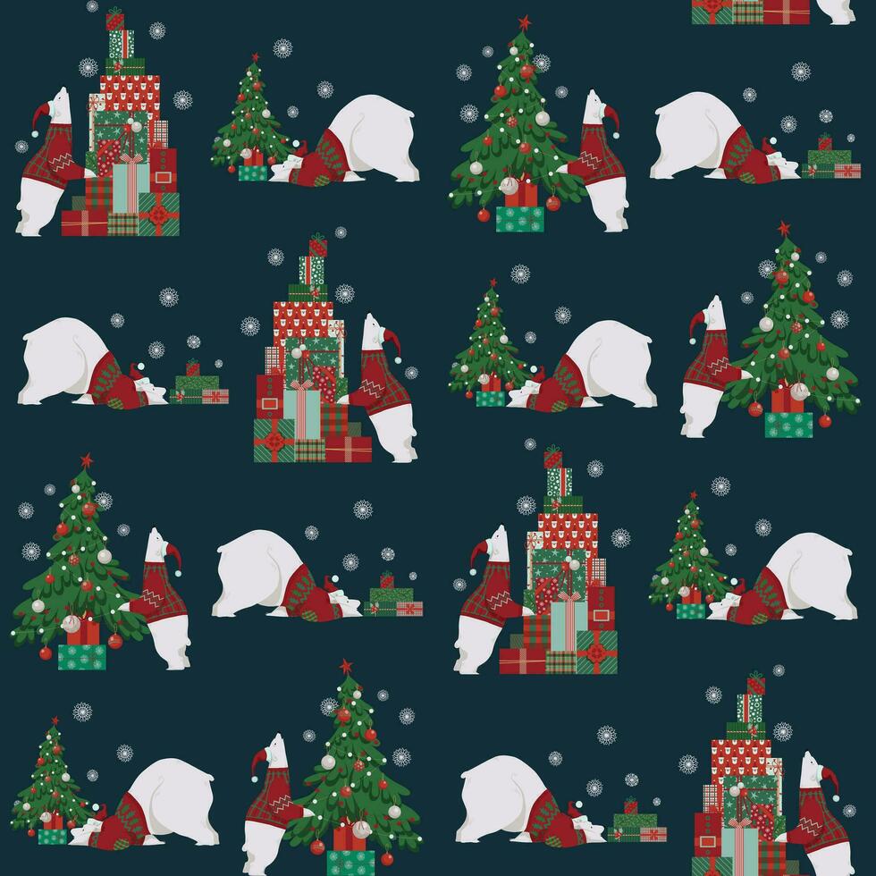desatado Natal padronizar com uma polar urso, presente caixas, e uma Natal árvore em uma Sombrio azul fundo. inverno feriados superfície padronizar. Novo ano vetor Projeto para invólucro papel e tecido.