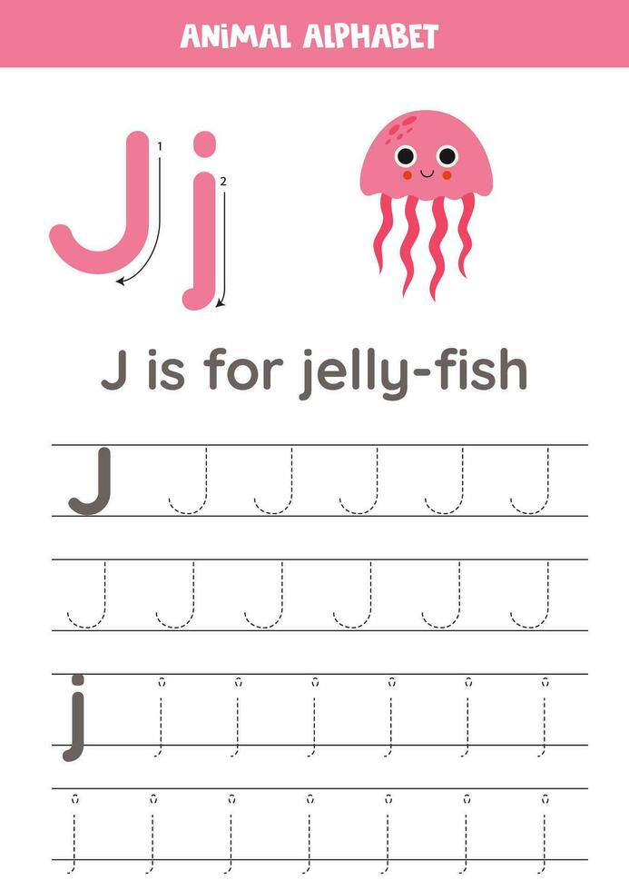 rastreamento alfabeto cartas para crianças. animal alfabeto. j é para geléia peixe. vetor