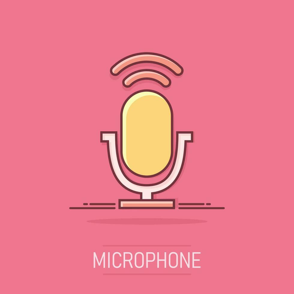 ícone do microfone dos desenhos animados em estilo cômico. pictograma de ilustração de microfone. conceito de negócio de respingo de sinal de microfone. vetor