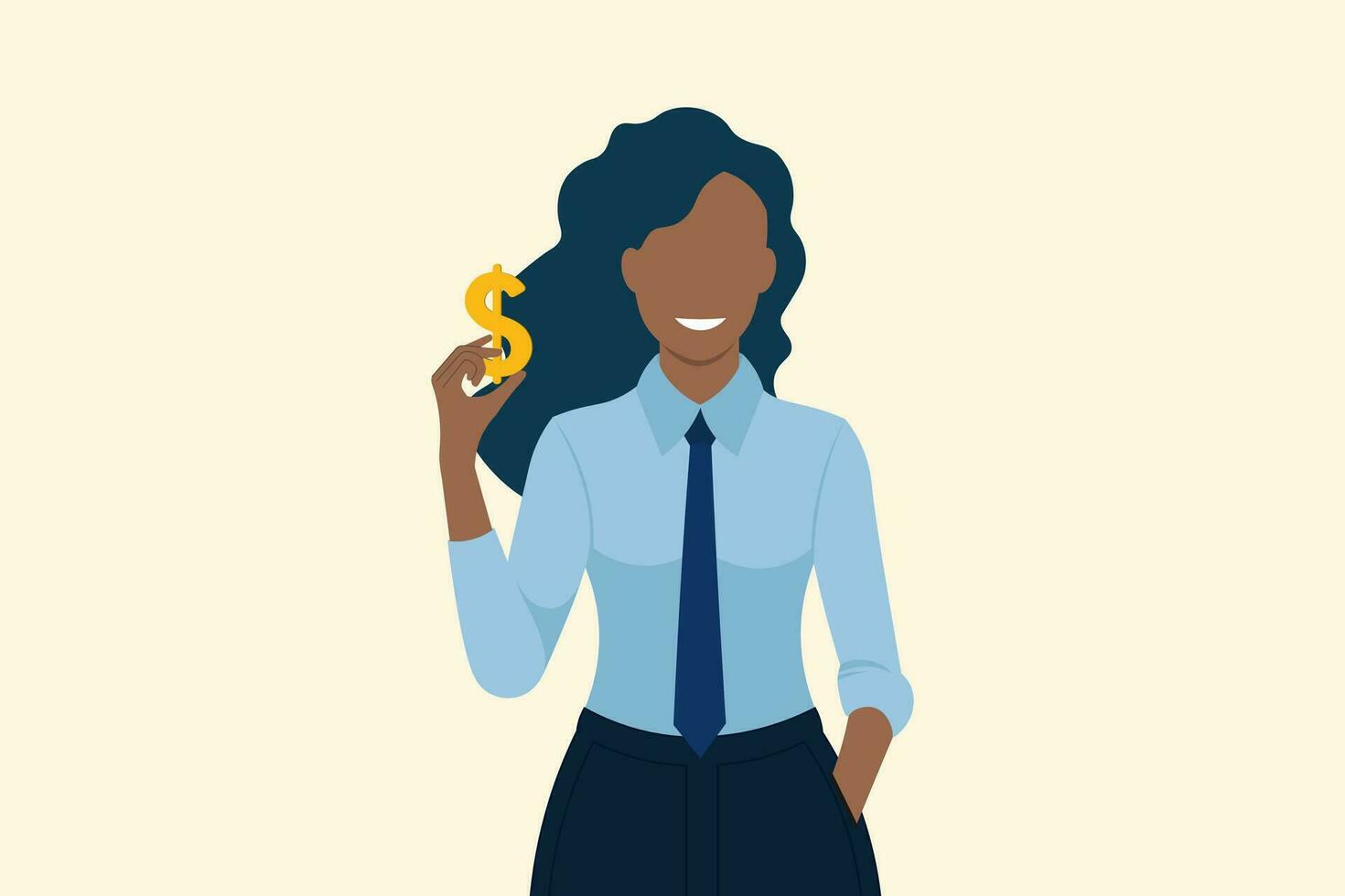 uma confiante africano americano empresária é sorridente. bem sucedido africano o negócio mulher mão segurando uma nos dólar moeda ícone. o negócio vetor ilustração.