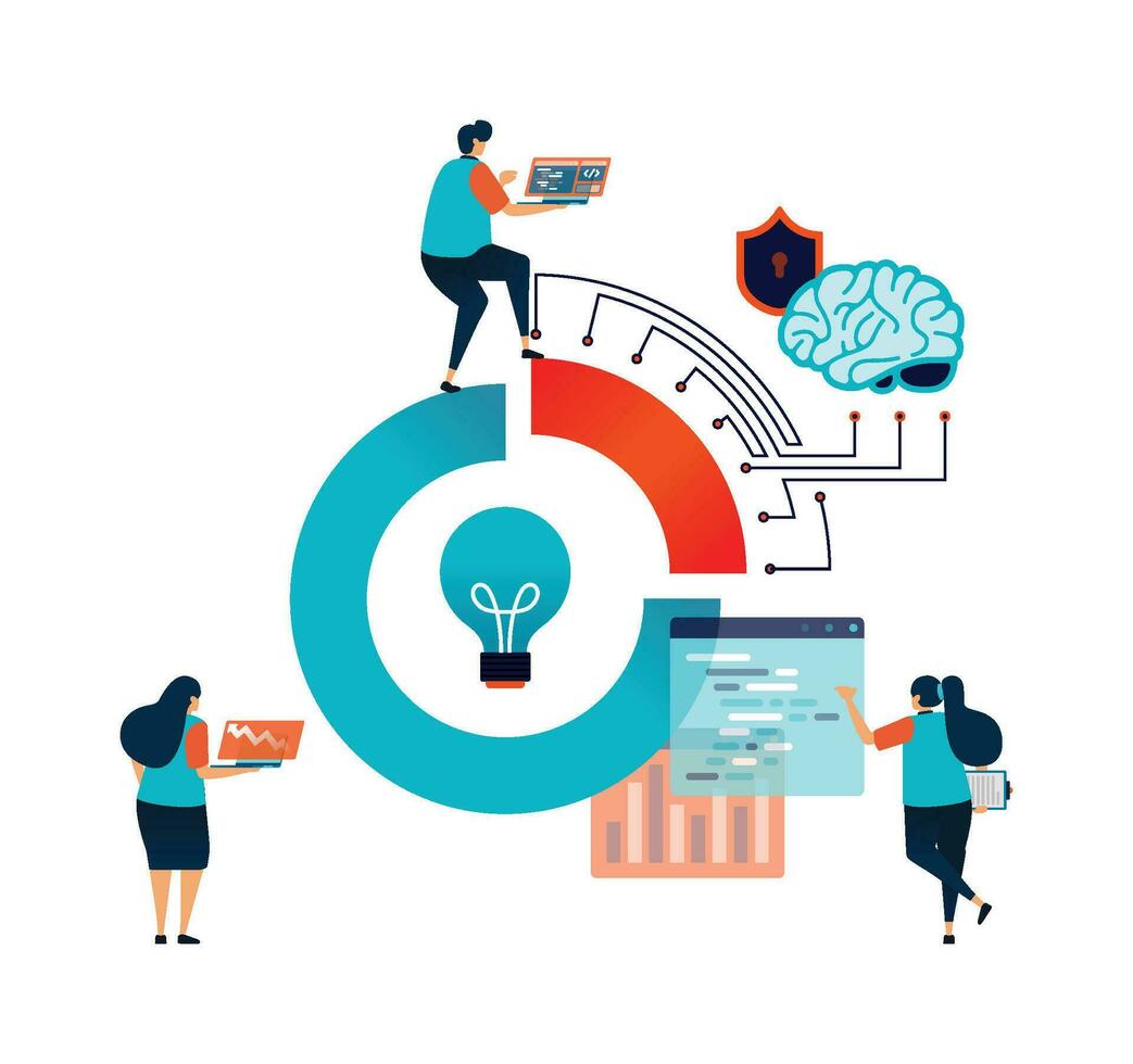 artificial inteligência ilustração do analisar e pesquisa dados diagramas com ai rede tecnologia para pegue Ideias e inspiração dentro em desenvolvimento empregos. pode estar usava para Móvel aplicativo local na rede Internet rede folheto poster de Anúncios vetor