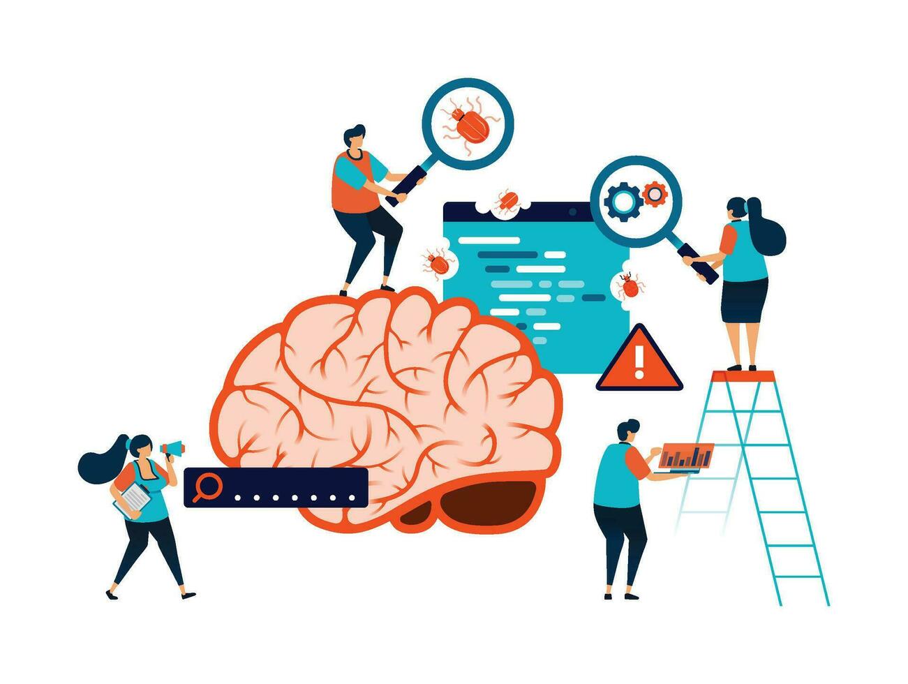 artificial inteligência ilustração do encontrar e consertar insetos dentro ai sistema programa desenvolvimento para minimizar falhas, erros e enganador resultados. pode estar usava para Móvel aplicativo local na rede Internet rede folheto poster de Anúncios vetor