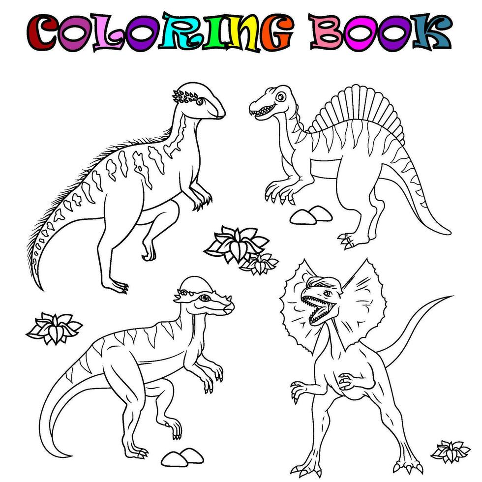 coloração livro com desenho animado dinossauros vetor
