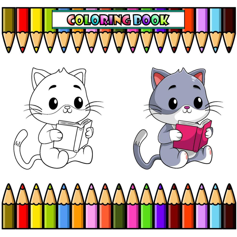 gato desenho animado lendo uma livro para coloração livro vetor