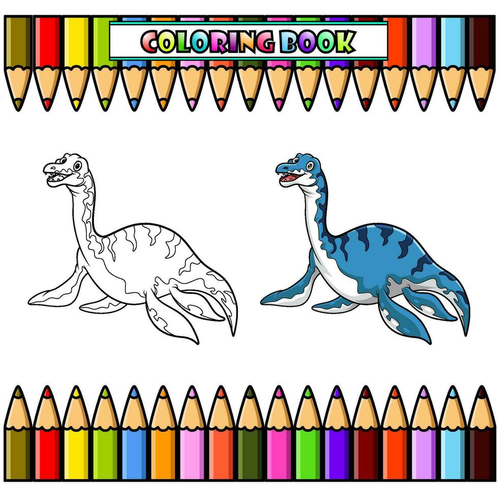 desenho animado dinossauro plesiossauro para coloração livro vetor