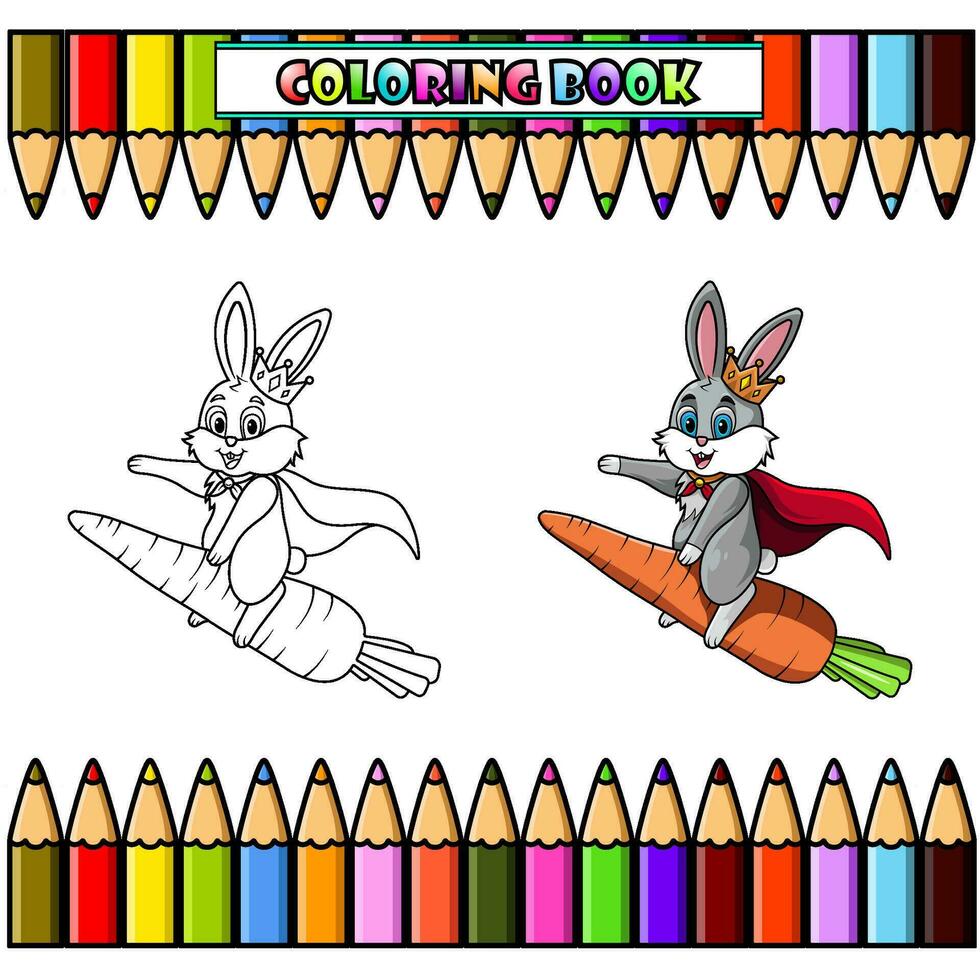 desenho animado Coelho vestindo uma coroa e uma capa equitação uma cenoura para coloração livro vetor
