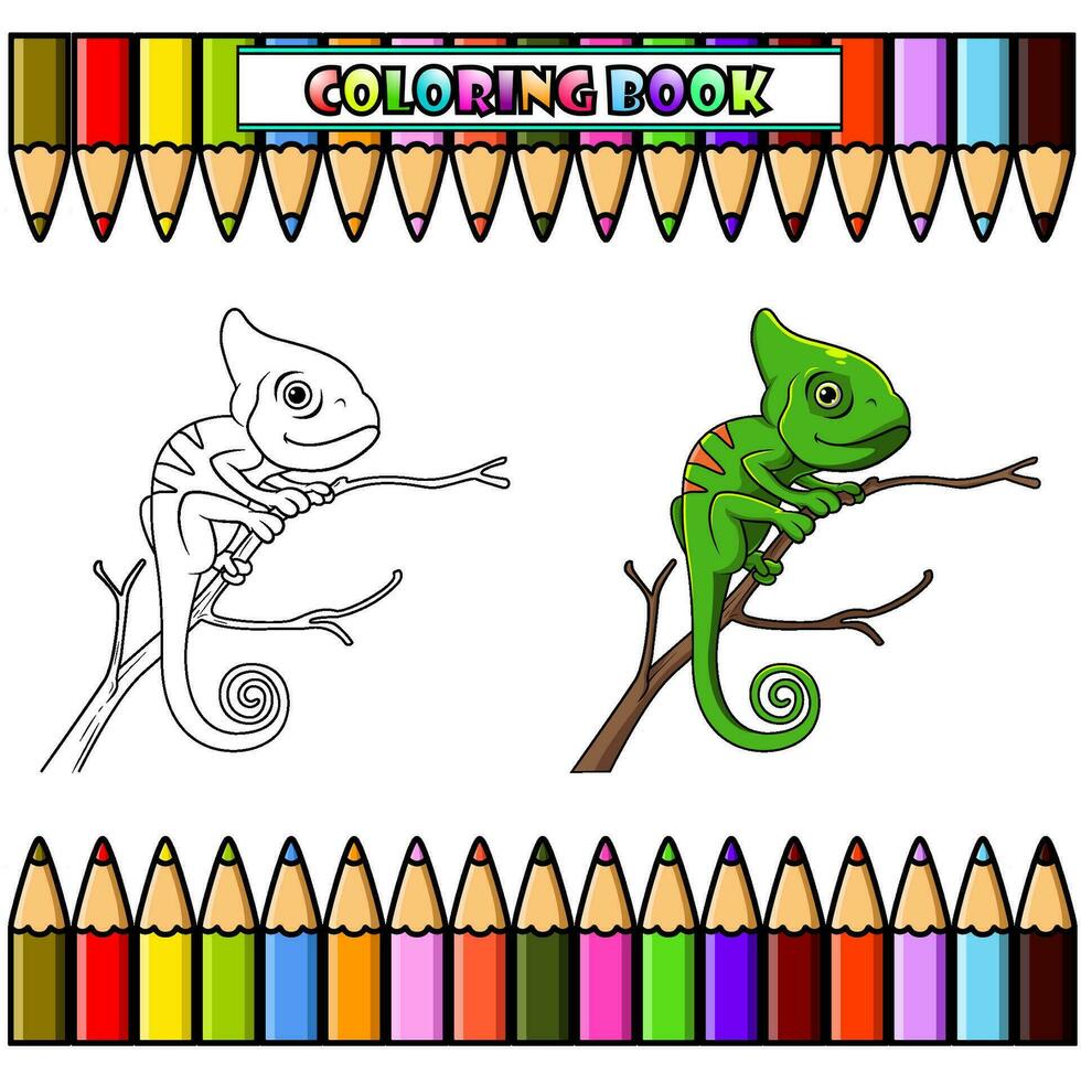 camaleão lagarto desenho animado em uma árvore ramo para coloração livro vetor
