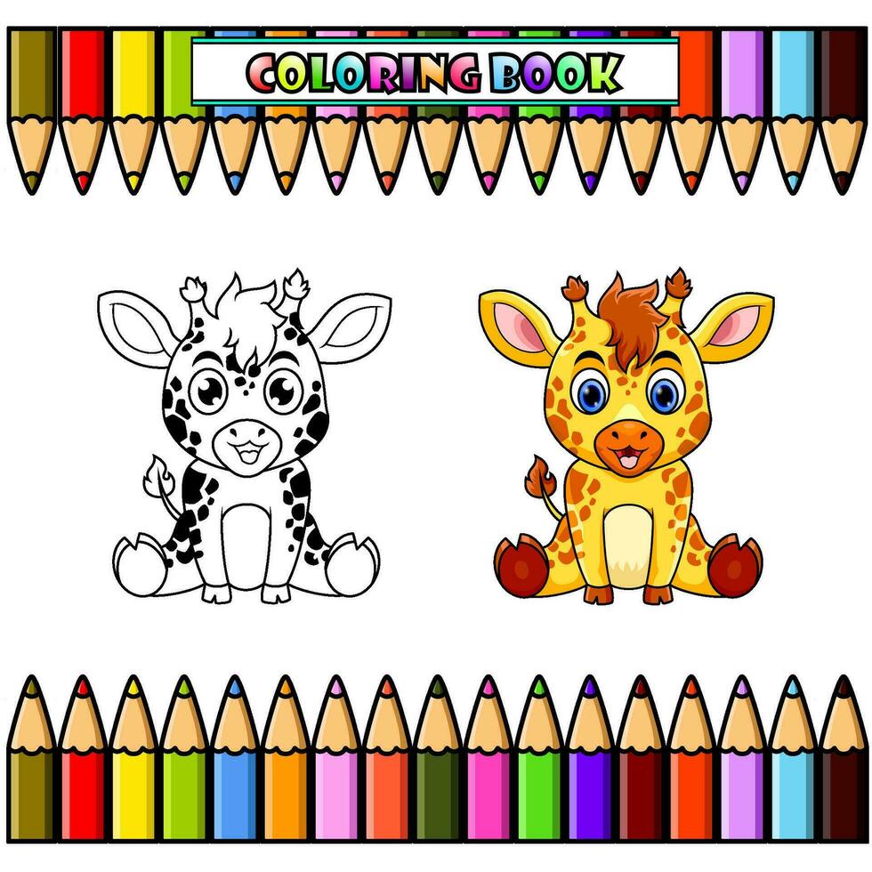 desenho animado fofa bebê girafa para coloração livro vetor