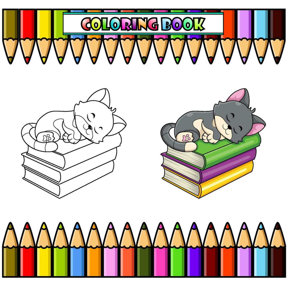 fofa gato desenho animado dormindo em pilha do livros para coloração livro vetor