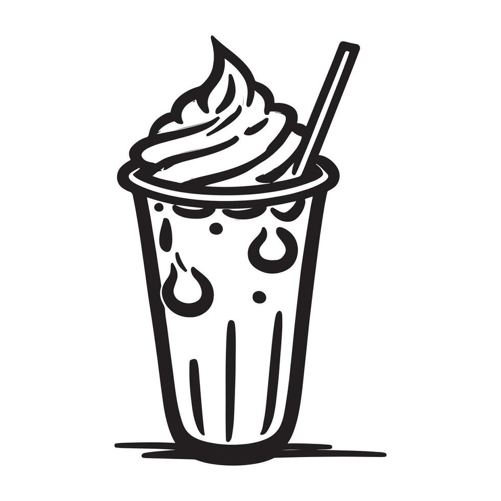 mão desenhado ilustração do cremoso milkshake servido em a vidro com gelo creme vetor