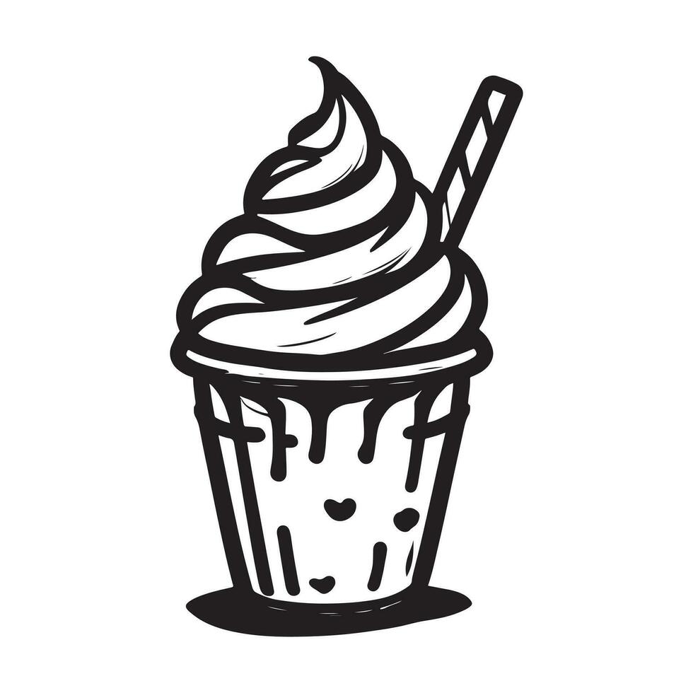 mão desenhado ilustração do cremoso milkshake servido em a vidro com gelo creme vetor