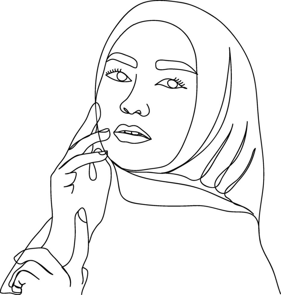 mulheres retrato dentro linha arte ilustração. hijab mulheres linha arte. fêmea retrato dentro hijab. muçulmano senhora desgasta uma hijab dentro linha arte ilustração. vetor