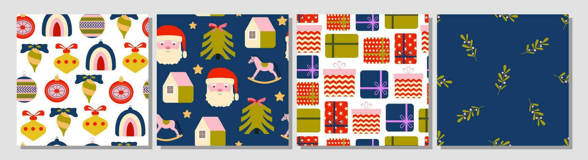 conjunto do moderno retro vintage Natal padrões. festivo chique natal desatado fundo. Natal árvore, vidro bolas, presentes. Novo ano. inverno feriados. escandinavo. papel de parede, digital papel, bandeira. vetor