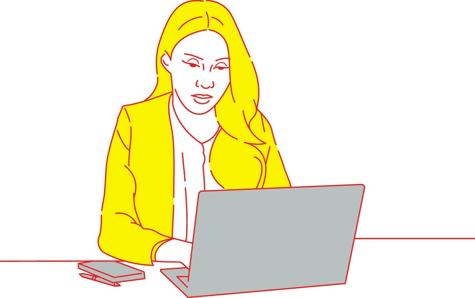 uma lindo menina é ocupado com escritório trabalhos com computador portátil linha arte Projeto vetor