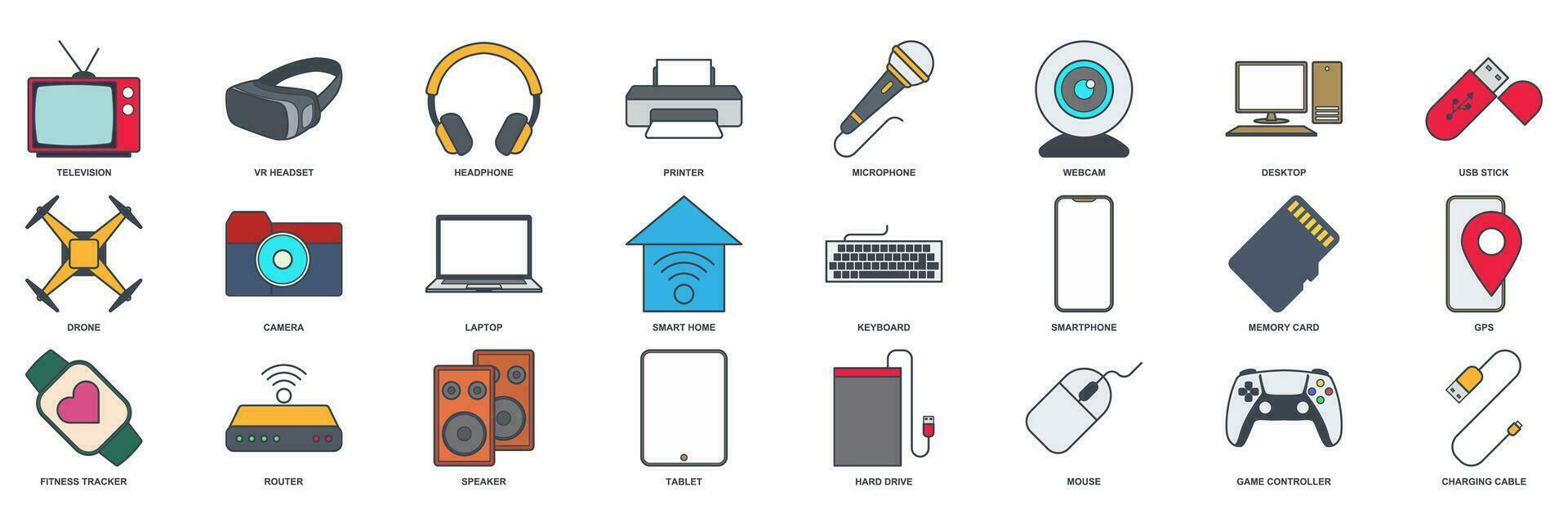 dispositivo ícone definir, incluído ícones Como computador portátil, drone, palestrante, controle e Mais símbolos coleção, logotipo isolado vetor ilustração