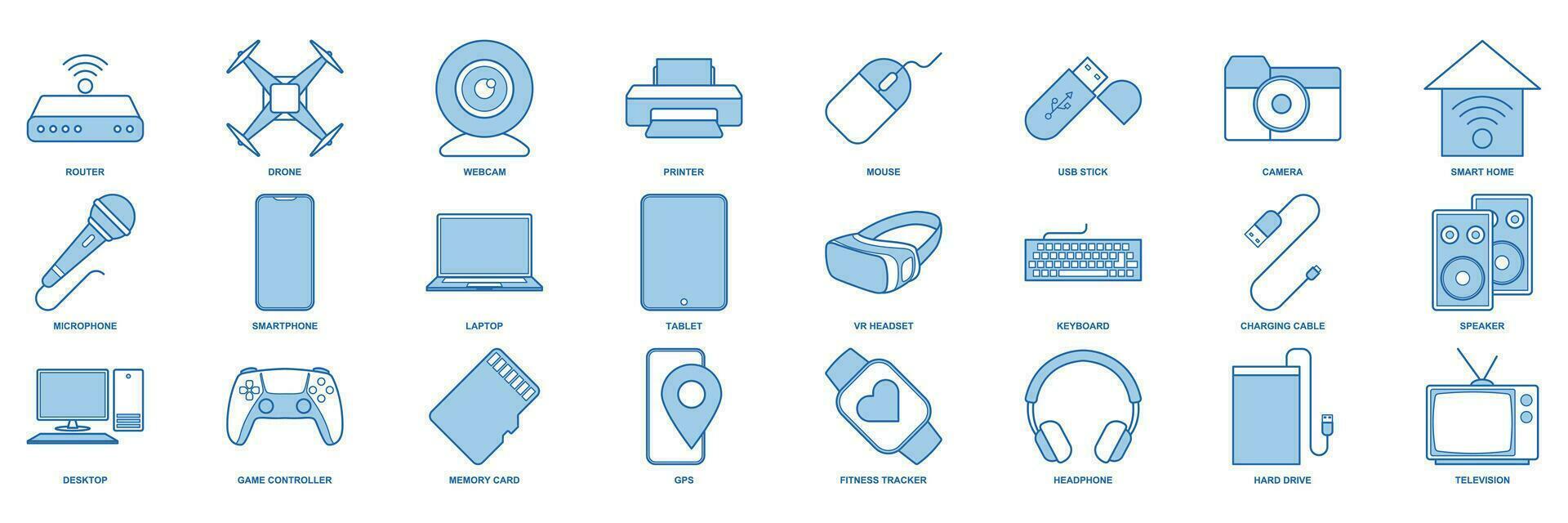 dispositivo ícone definir, incluído ícones Como computador portátil, drone, palestrante, controle e Mais símbolos coleção, logotipo isolado vetor ilustração