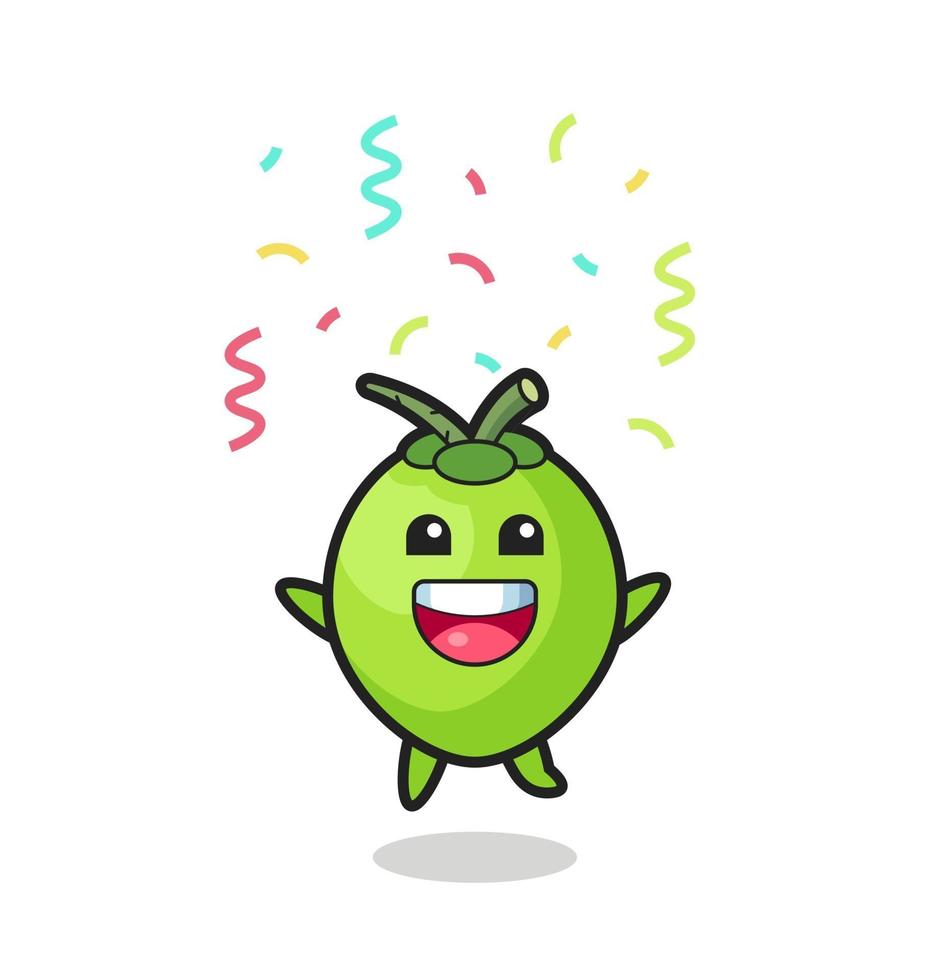 mascote do coco feliz pulando para parabéns com confete colorido vetor