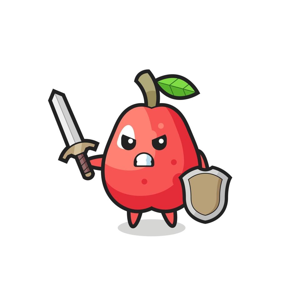 lindo soldado maçã de água lutando com espada e escudo vetor