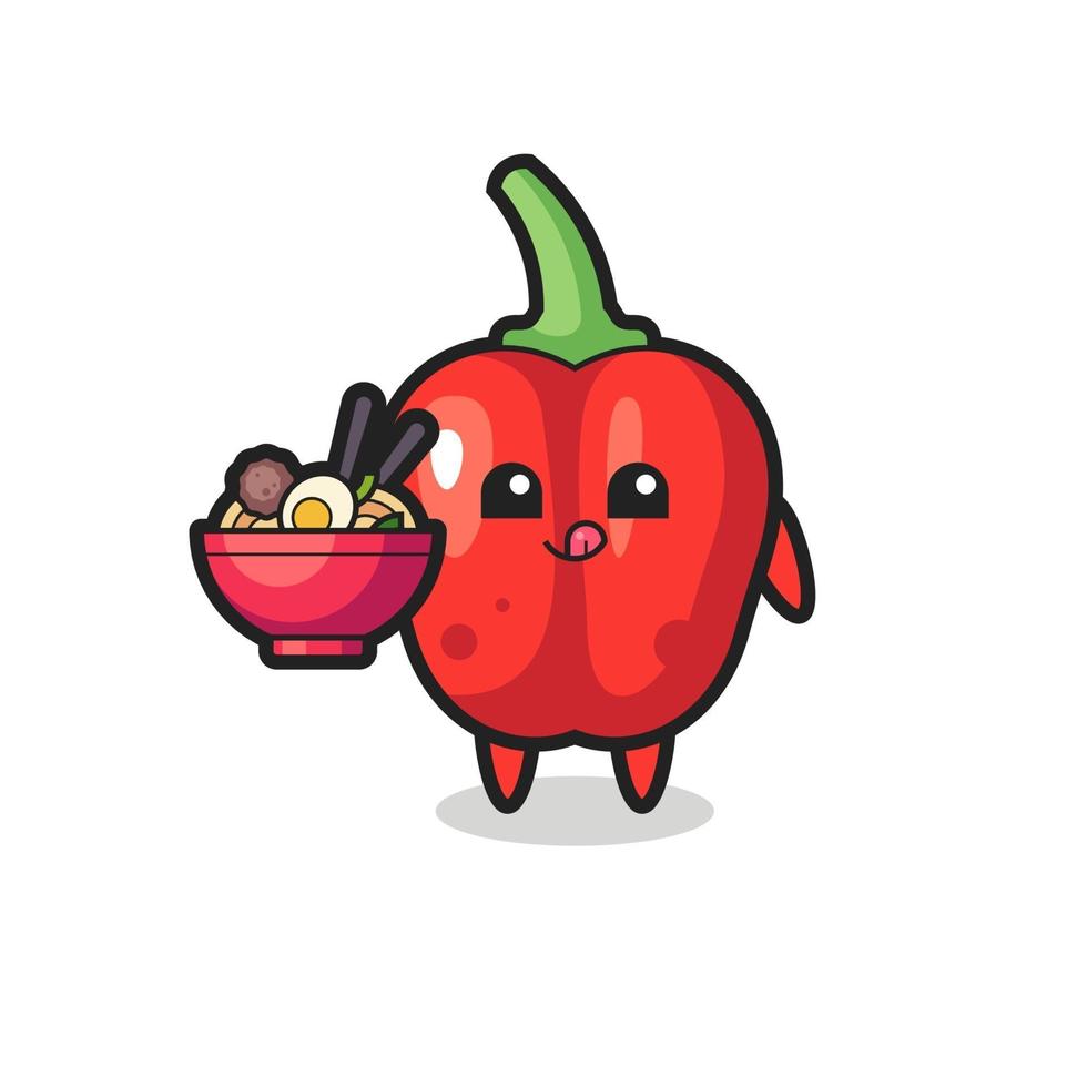 personagem de pimentão vermelho fofo comendo macarrão vetor