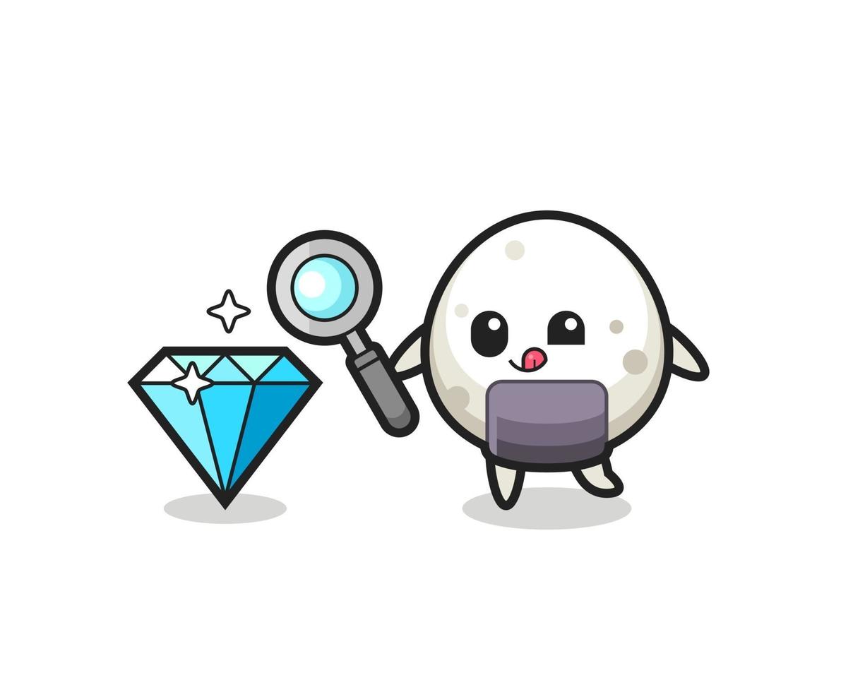 mascote onigiri está verificando a autenticidade de um diamante vetor