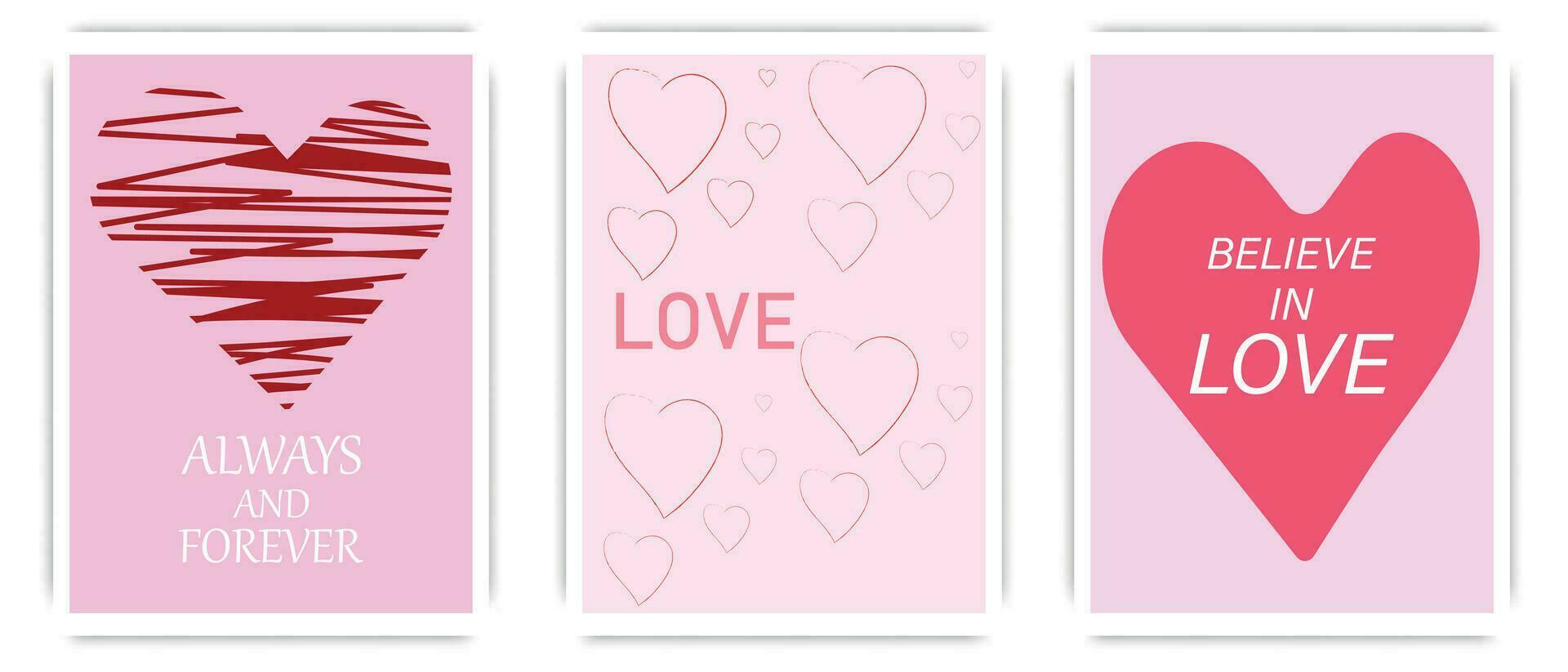 conjunto do desenhador cartões para dia dos namorados dia. poster com desenhado corações, rabisco estilo coração e rotulação. vetor ilustração.