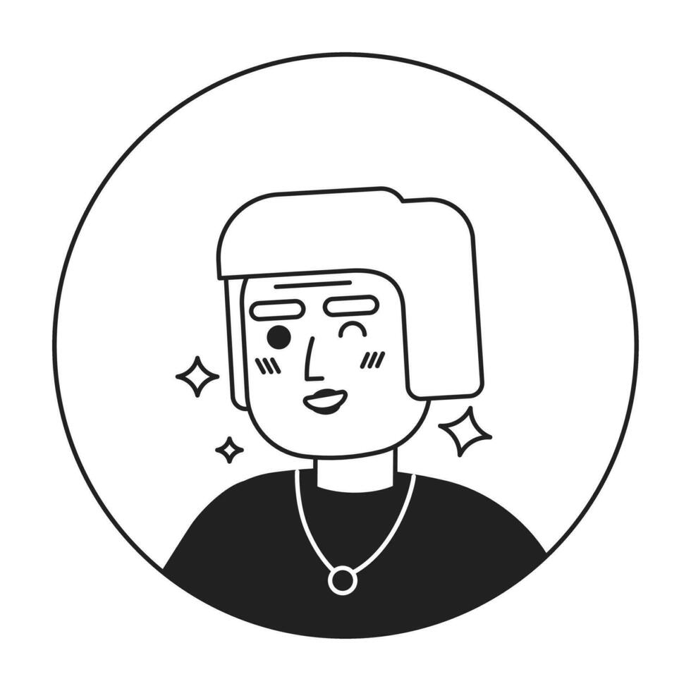 elegante idosos senhora piscando expressão Preto e branco 2d vetor avatar ilustração. brilhar caucasiano Senior mulher esboço desenho animado personagem face isolado. confiante plano do utilizador perfil imagem