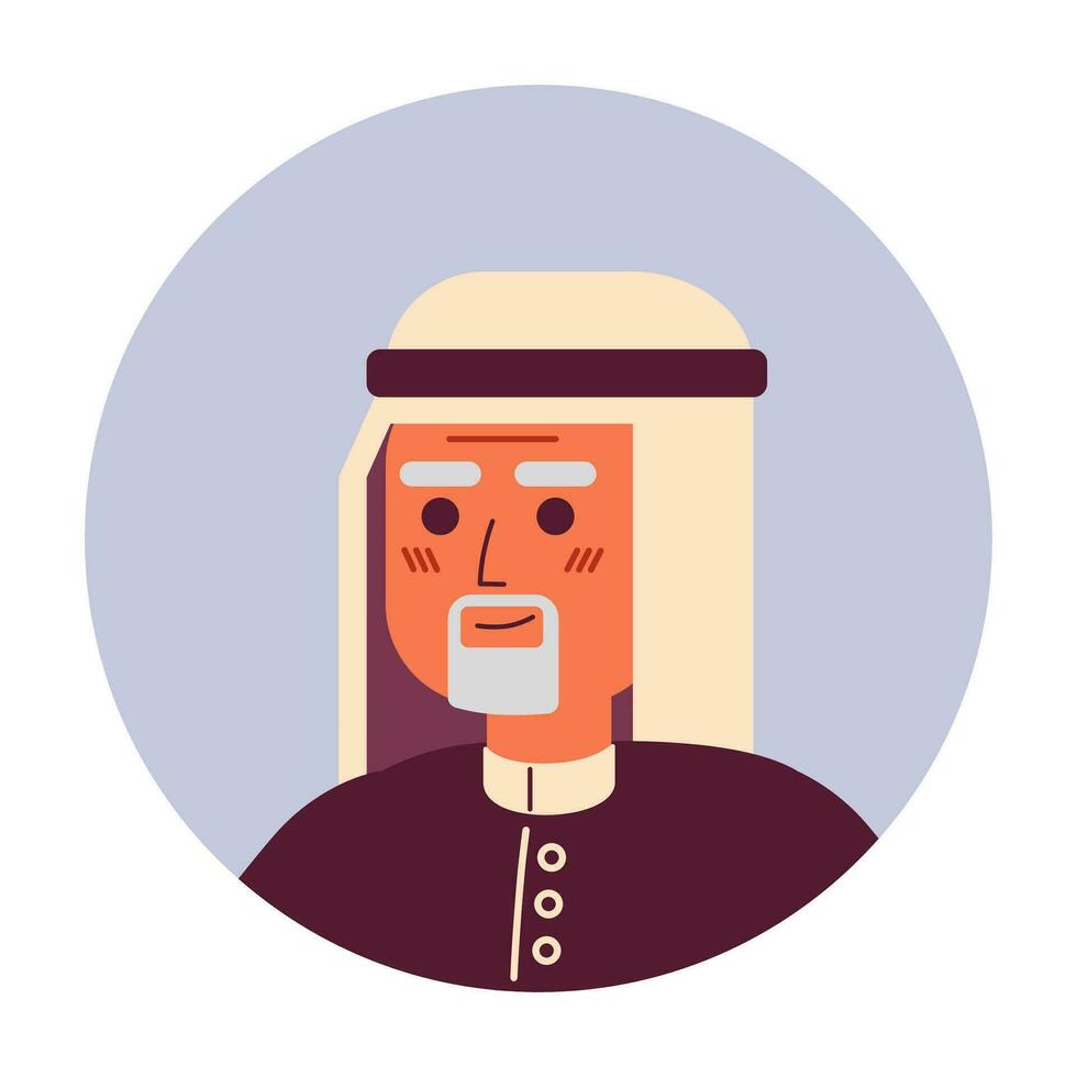 saudita idosos homem relaxado em pé 2d vetor avatar ilustração. alegre árabe Senior masculino desenho animado personagem face. positivo confiante Tiros na Cabeça posando plano cor do utilizador perfil imagem isolado em branco