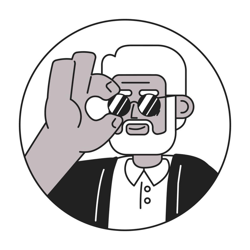 idosos grisalho Preto homem ajustando oculos de sol Preto e branco 2d vetor avatar ilustração. à moda Vovô esboço desenho animado personagem face isolado. moda declaração plano do utilizador perfil imagem